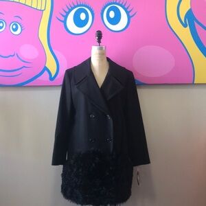 DKNY Donna Karan Black Wool Shearling Trim Coat NW